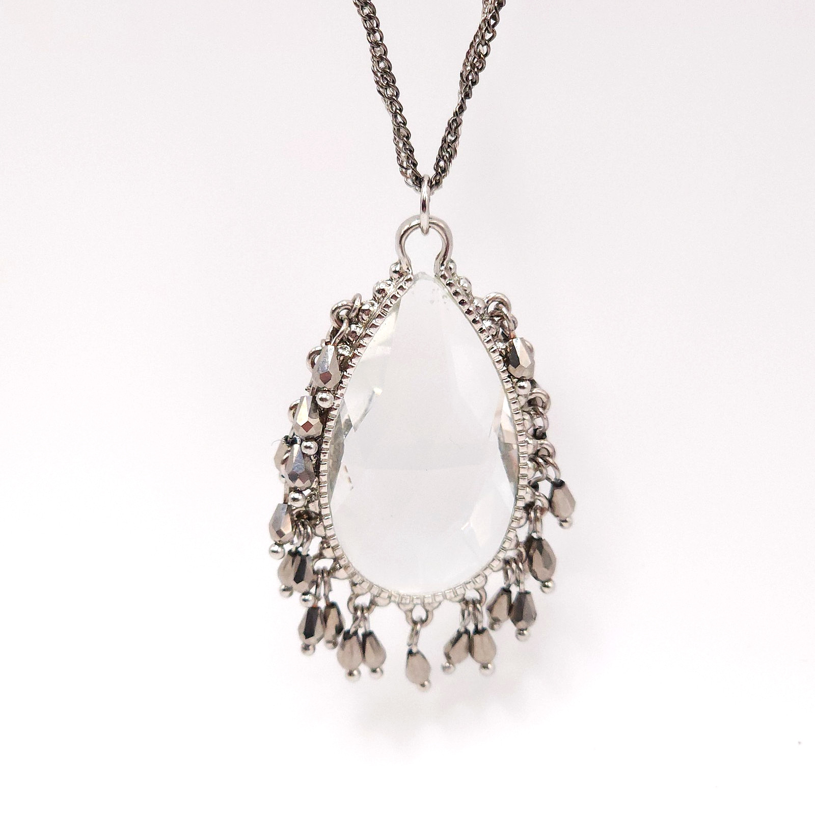 Silver Tone Crystal Teardrop Pendant Necklace Double Strand Adjustable 32-35in