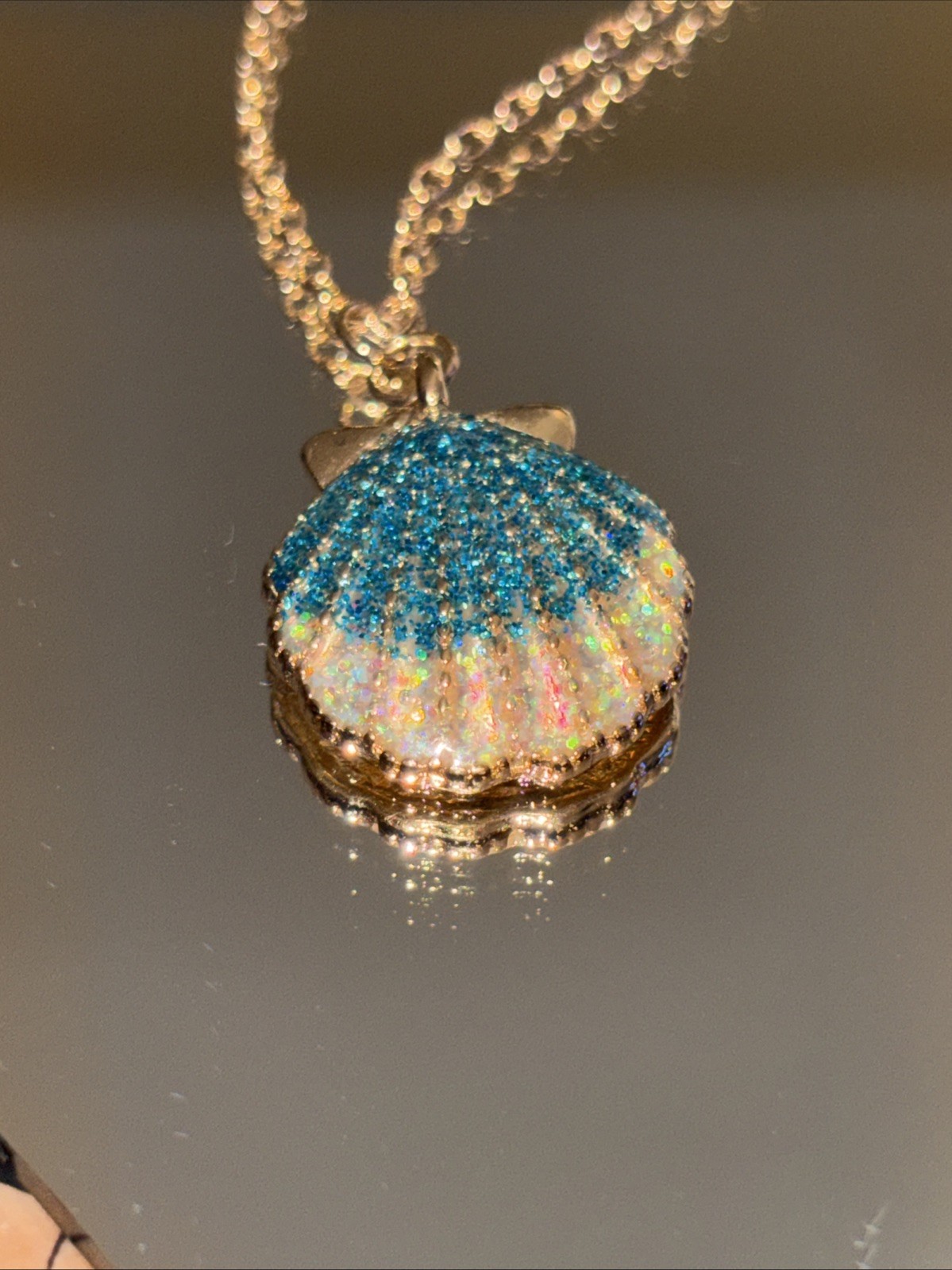 Clam Shell Enamel Necklace by Adult Jewels Silver Tone with Blue Stone BFF