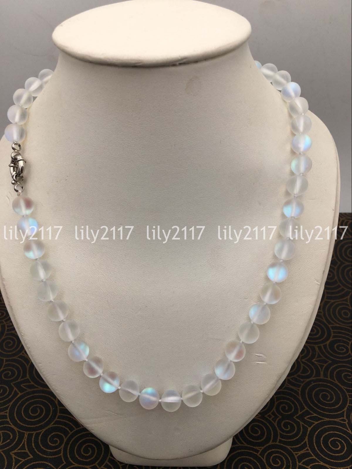6/8/10/12mm white Gleamy Rainbow Moonstone Round Gemstone Beads Necklace 18”