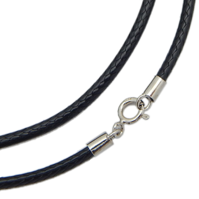 2mm Black Leather Cord Necklace Sterling Silver Spring Ring Clasp 16-32″ Chain