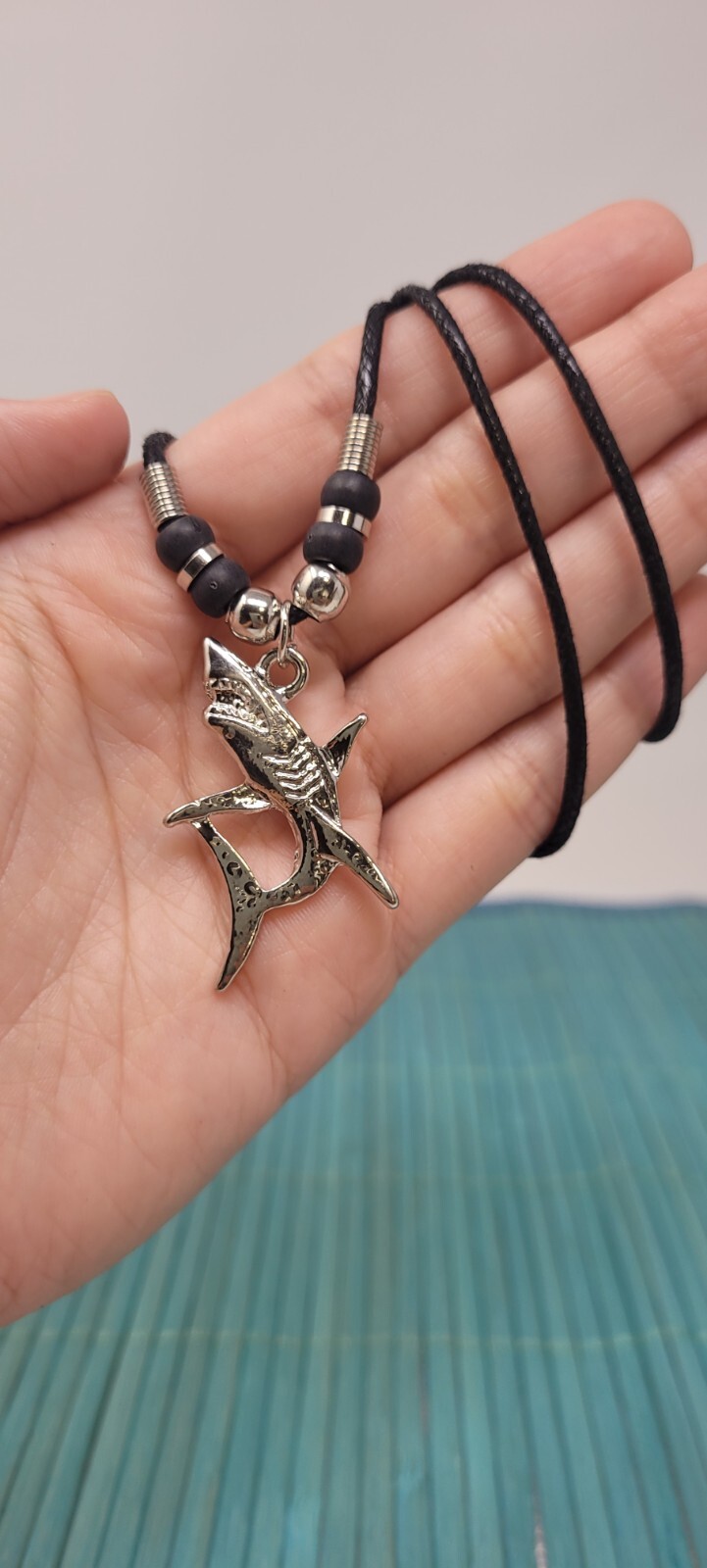 Silvertone Mako Shark Necklace Black Cord Unisex Pendant 18″ Ocean Jewelry