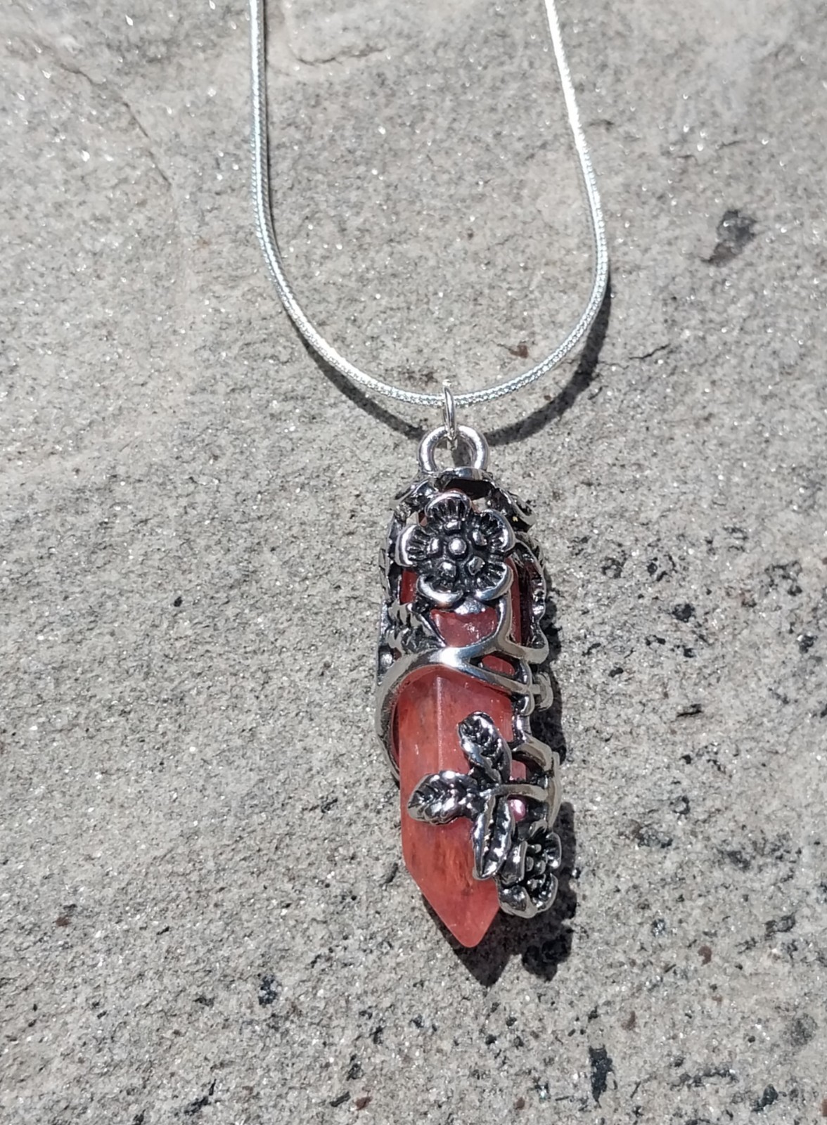 Flower Wrapped Peach Colored Amethyst Pendant Necklace