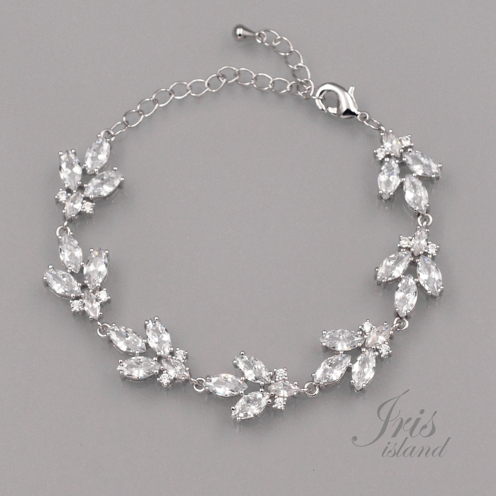 7 In White Gold GP Clear Cubic Zirconia CZ Tennis Bracelet Leaf 07519 Adjustable