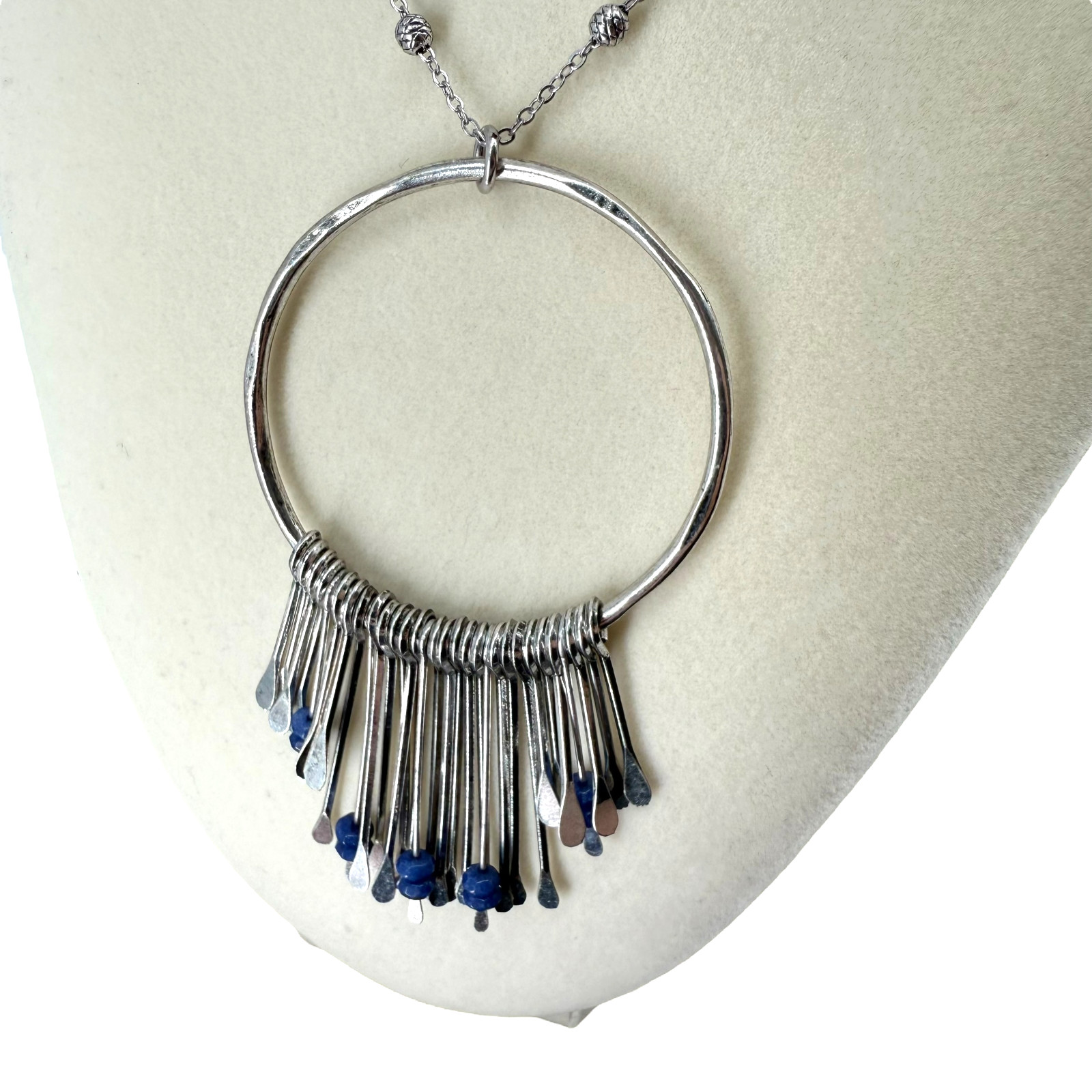 J. Jill Beaded Necklace Blue Silver Fringe Pendant Long Boho Artisan Statement