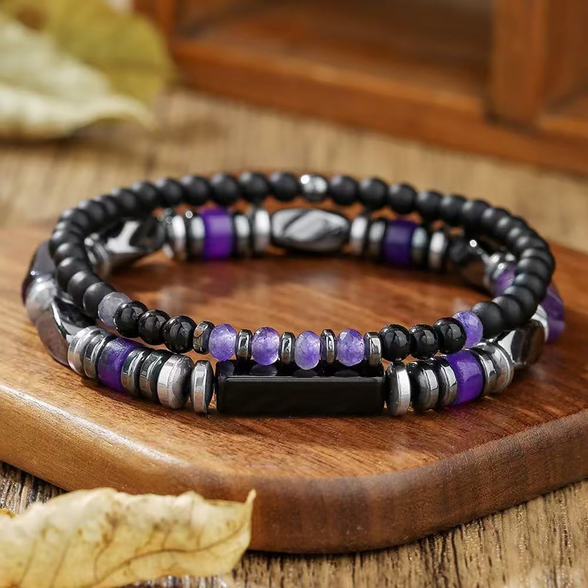 Amethyst Onyx Men Bracelet 2Pcs Set 4mm Stackable Natural Stone Beads For Son