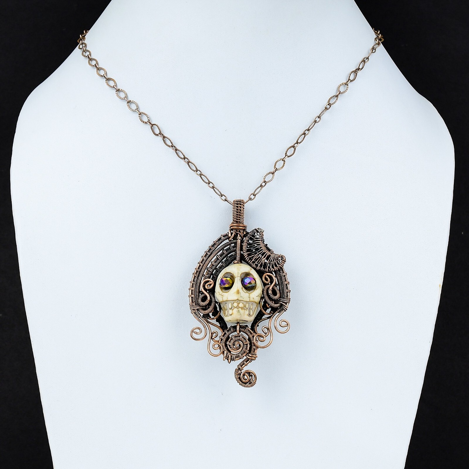 Howlite Copper Friend Gift Wire Wrapped And Skull Face Pendant 3.23″