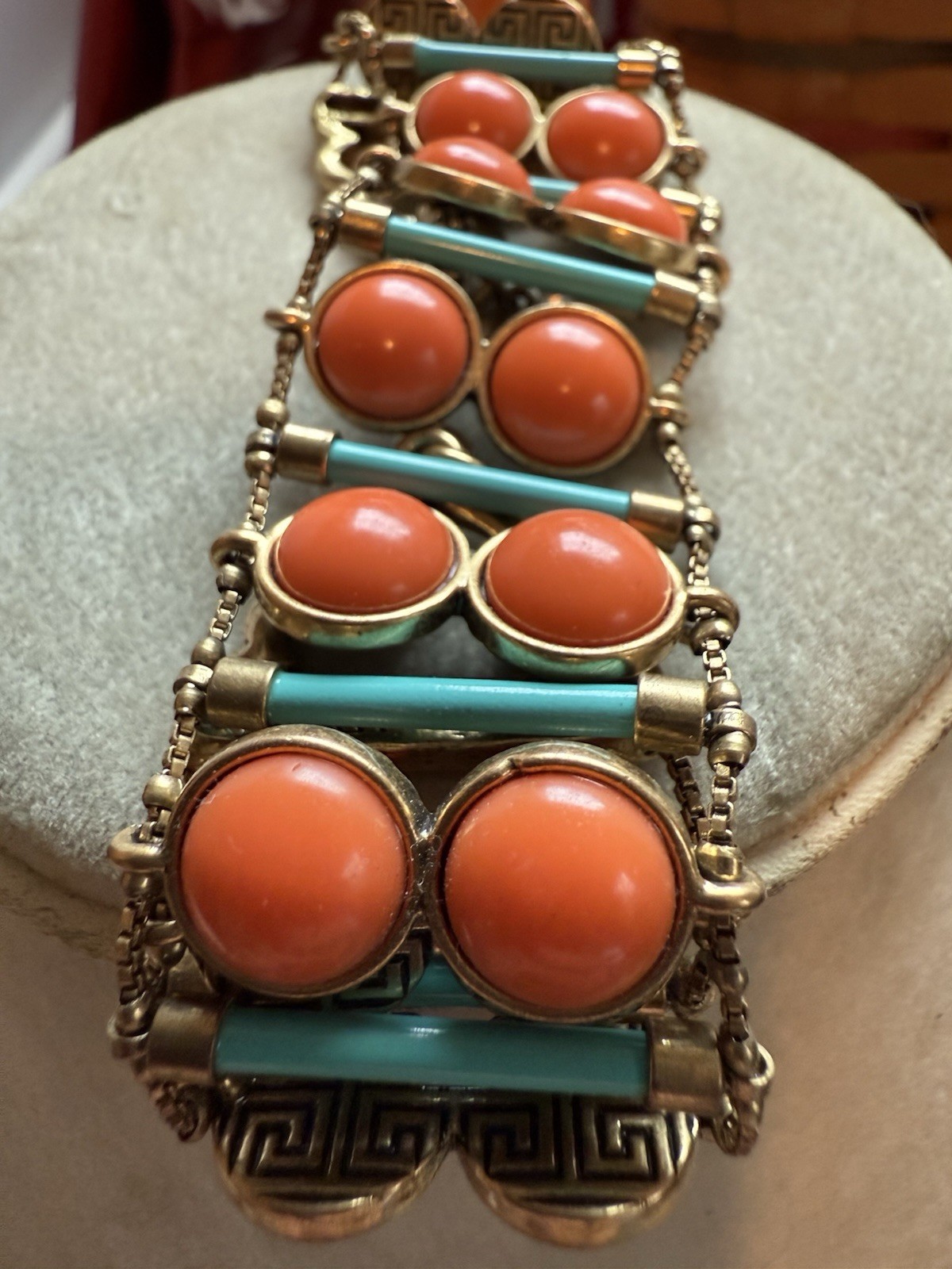 VTG 1990’s LUCKY BRAND Blue & Orange Plastic 1” Wide Gold Plated Bracelet