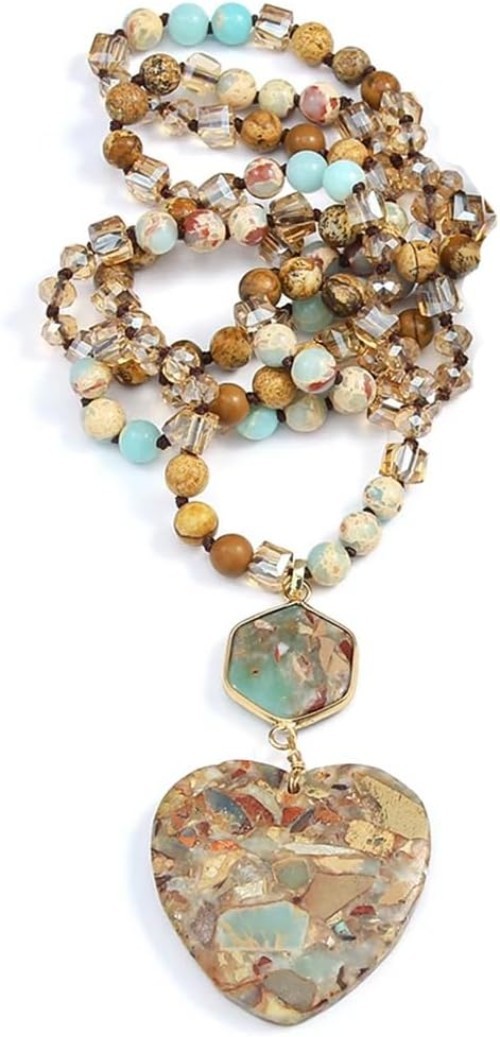 Handmade Beaded Boho Necklace with Heart Pendant, 33 Inch Long Charm Jewelry