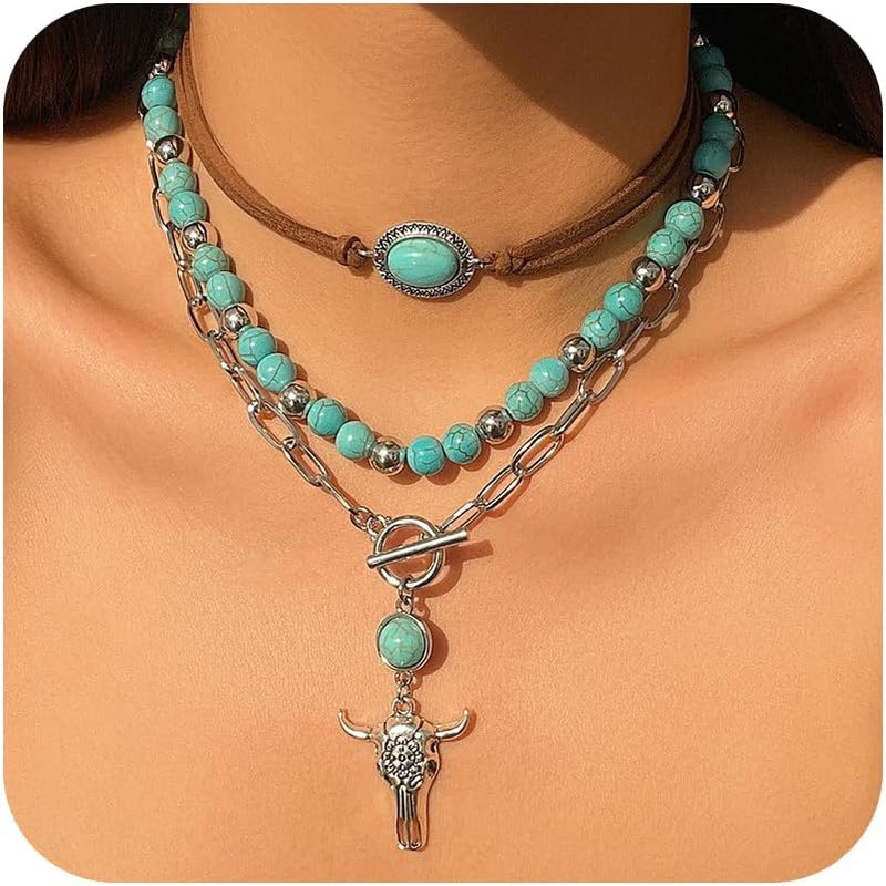 3 Pcs Layered Western Necklaces for Women Western Boho Turquoise Choker Ox Head