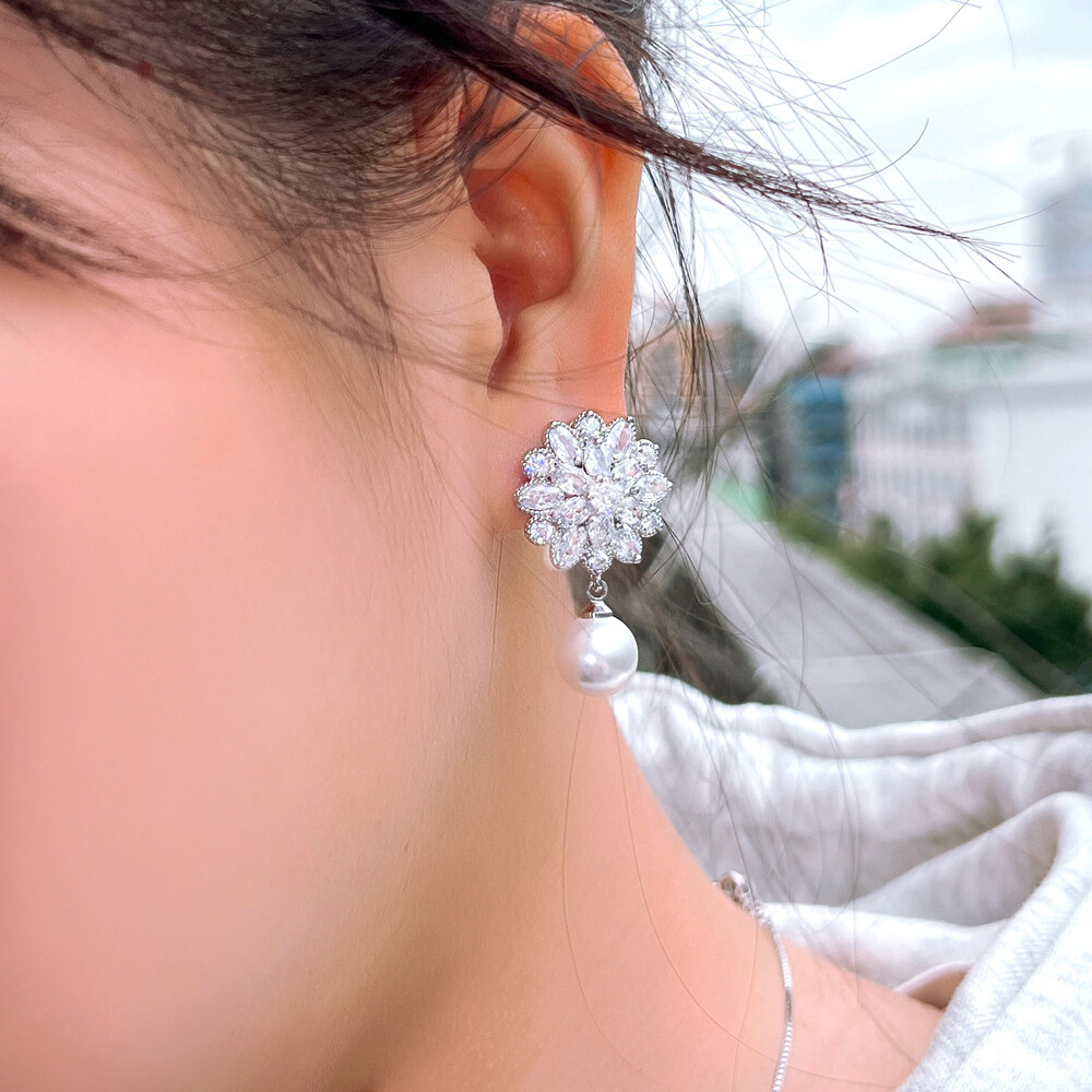 CWWZircons CZ Crystal Pearl Flower Non Pierced Clip on Drop Earrings for Women