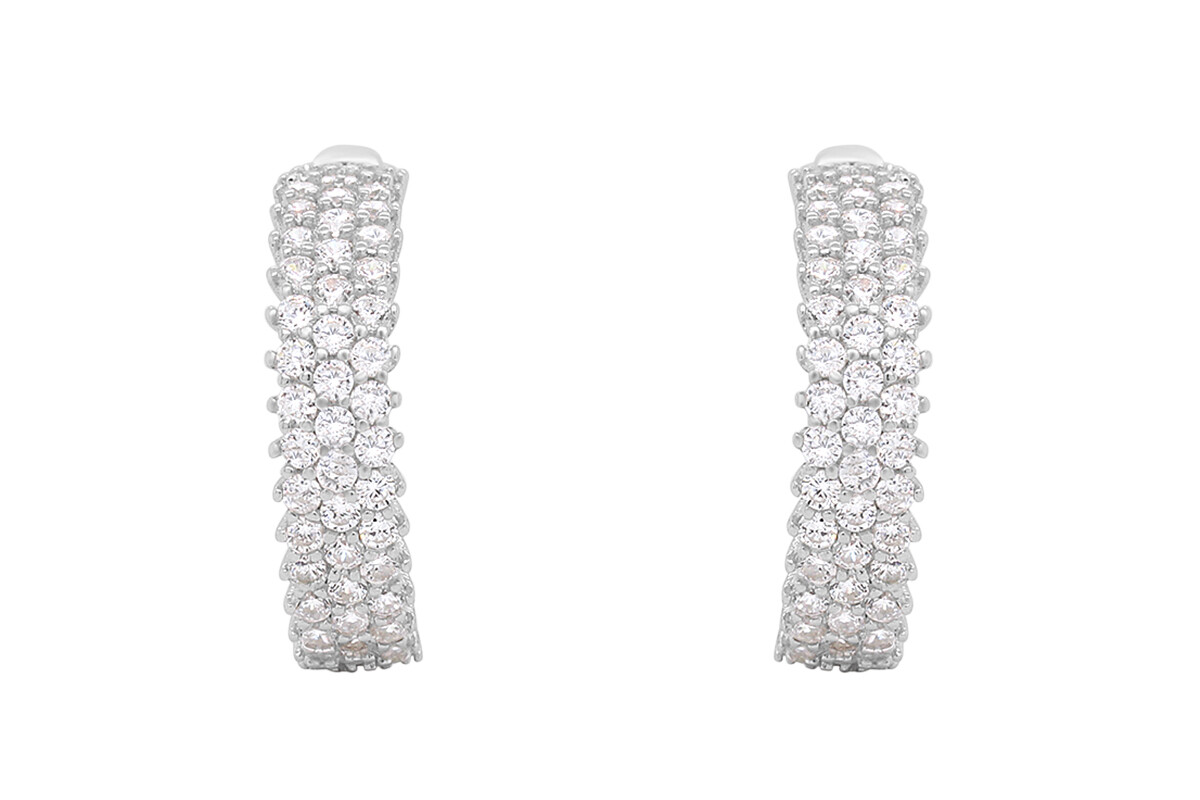 Round Cubic Zirconia English Lock Hoop Earrings IN 14k White Gold Plated Silver