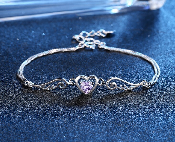 8″ Women Girl Amethyst Angel Wing Heart Chain Sterling Silver Bracelet Gift B14
