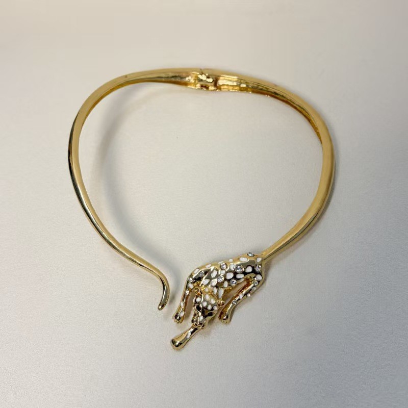 Leopard Statement Choker Necklace Gold Tone Crystal Animal Collar Necklace Women