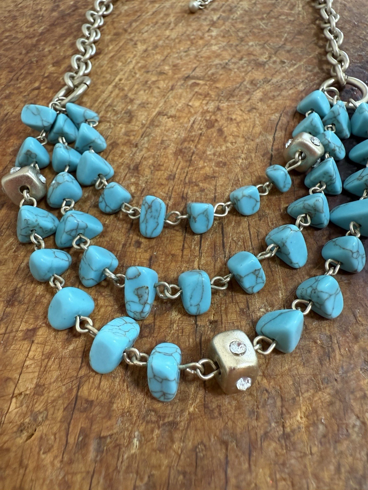 Silver Tone Cable Chain Statement Necklace Turquoise Chip Beads Adjustable