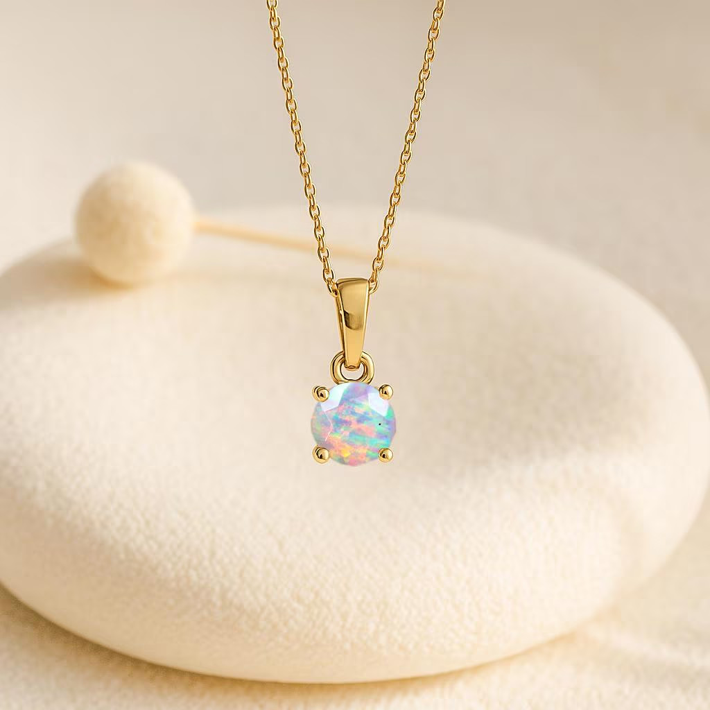 Fire White Opal Round Gemstone Pendant Necklace, Ethiopian Opal Gemstone Gold