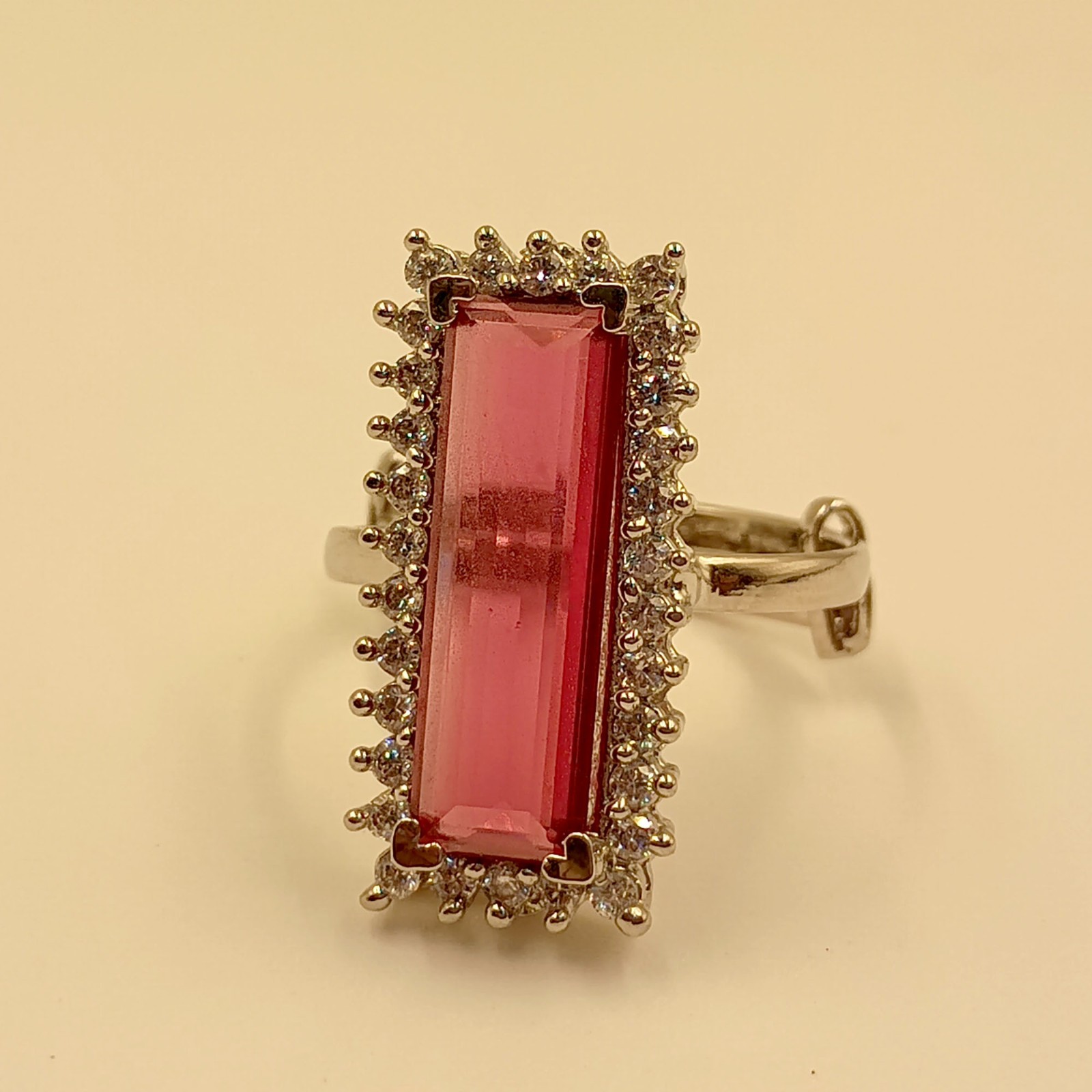 Womens Red Baguette Halo Ring Adjustable Band White Plated Wedding Jewelry