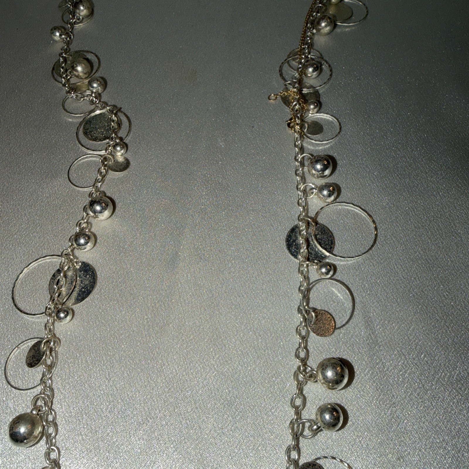 Lea Sophia Silver tone Shimmer Necklace With Silver Beads& Dangles 34 In Long