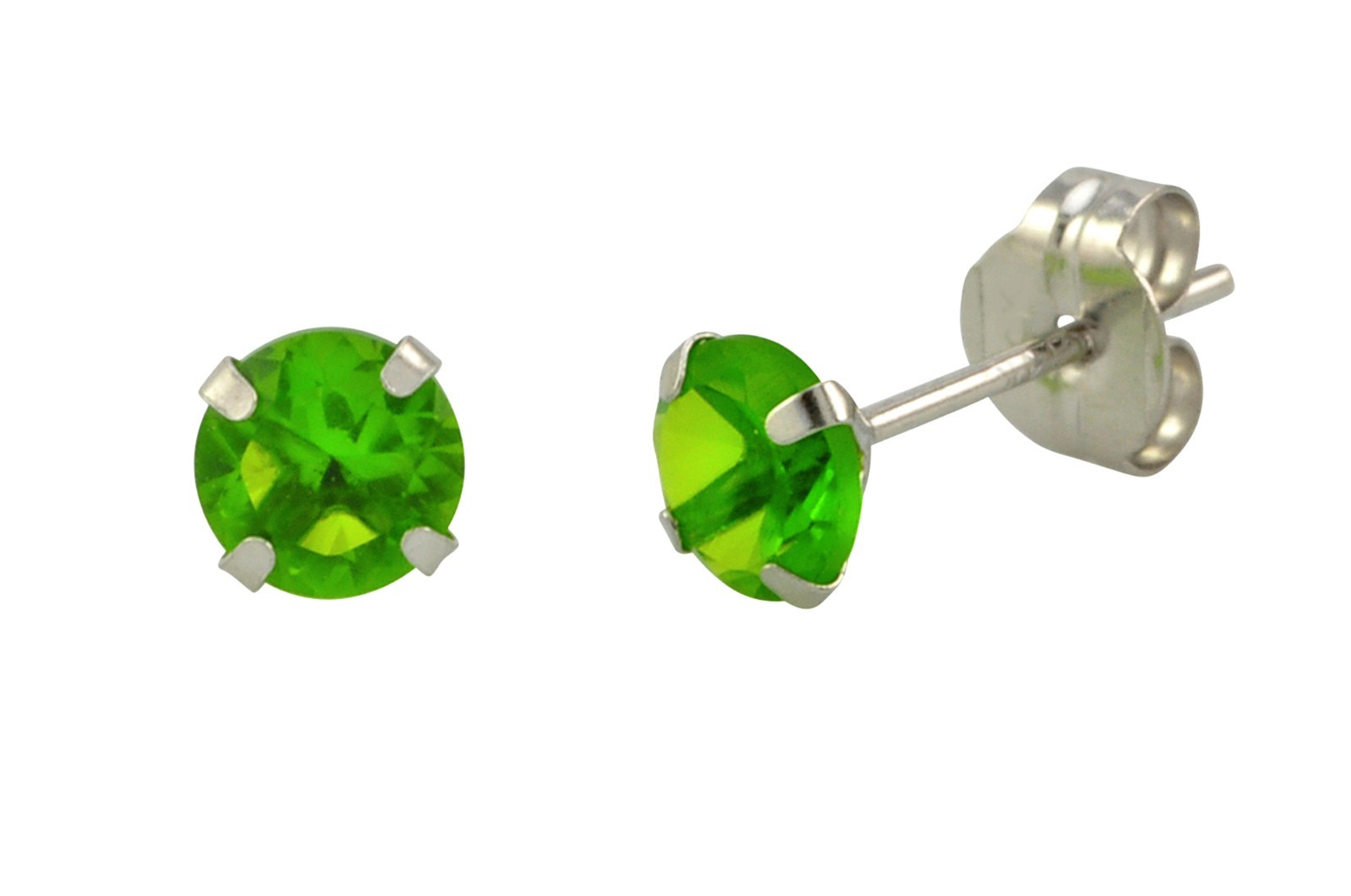 14k White Gold Peridot Green Cubic Zirconia Stud Earrings Round Birthstone CZ