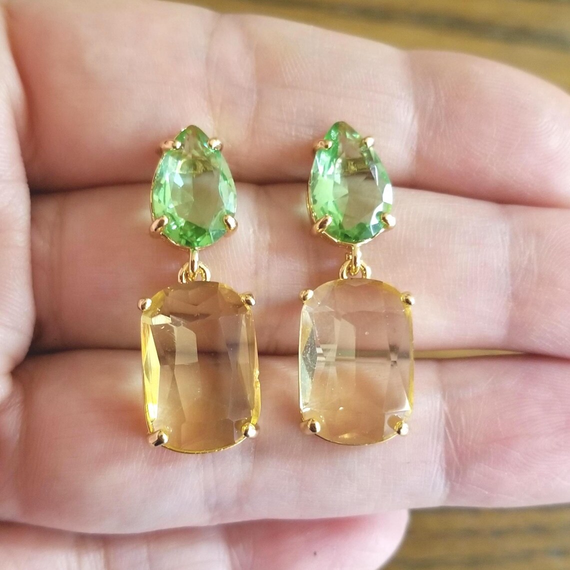 14k Gold Australian Crystal Citrine and Peridot Stud Dangle Earrings