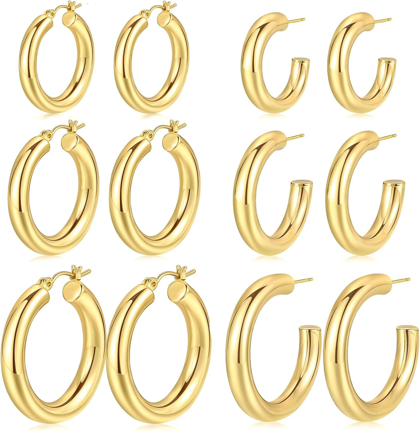 6 Pairs Simple Gold Hoop Earrings Set for Women Trendy, 14K Gold Plated Chunky H