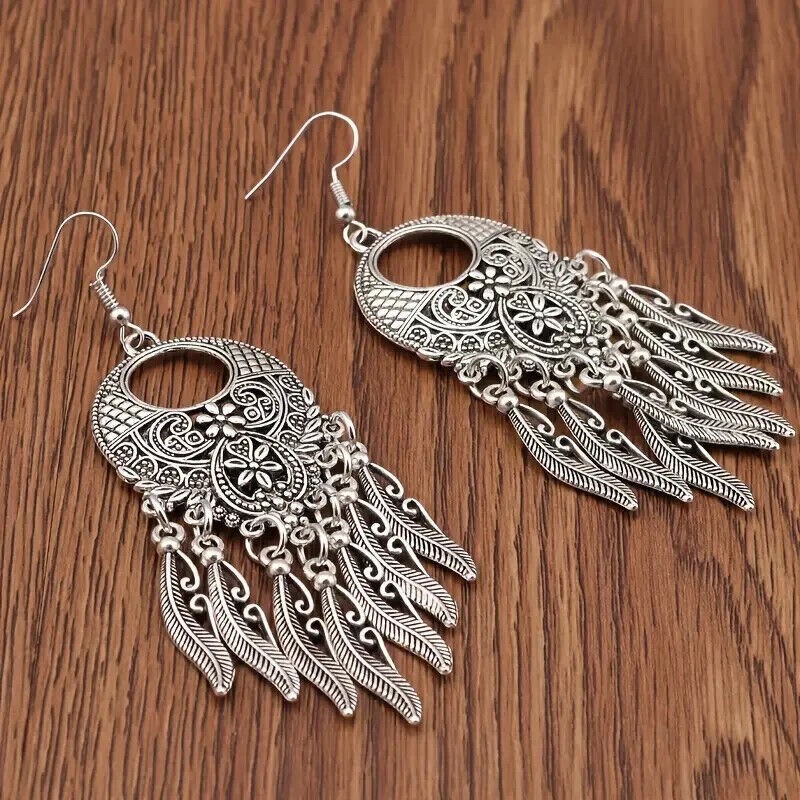 Boho 925 Sterling Silver Vintage Style Tibetan Tibet Dangle Drop Hook Earrings