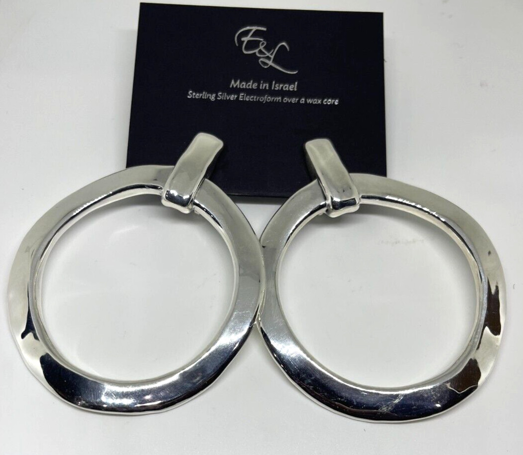 E&L Sterling Silver Electroform Textured Hoop Earrings 3.5 inches long