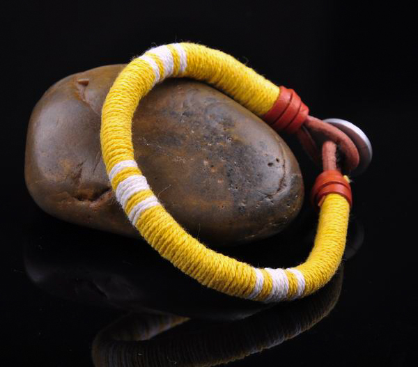 S471 Surfer Cotton Wrap Leather Men’s Leather Wristband Bracelet Cuff Yellow B