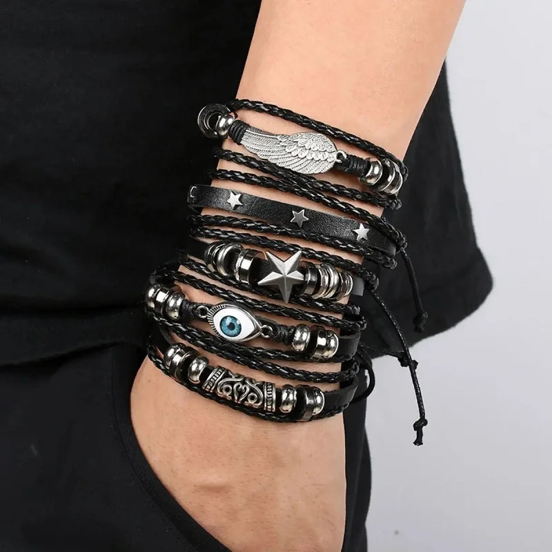 Gothic Bracelet Punk Multilayer Leather Set Skull Eye Star Charms Hiphop Rock