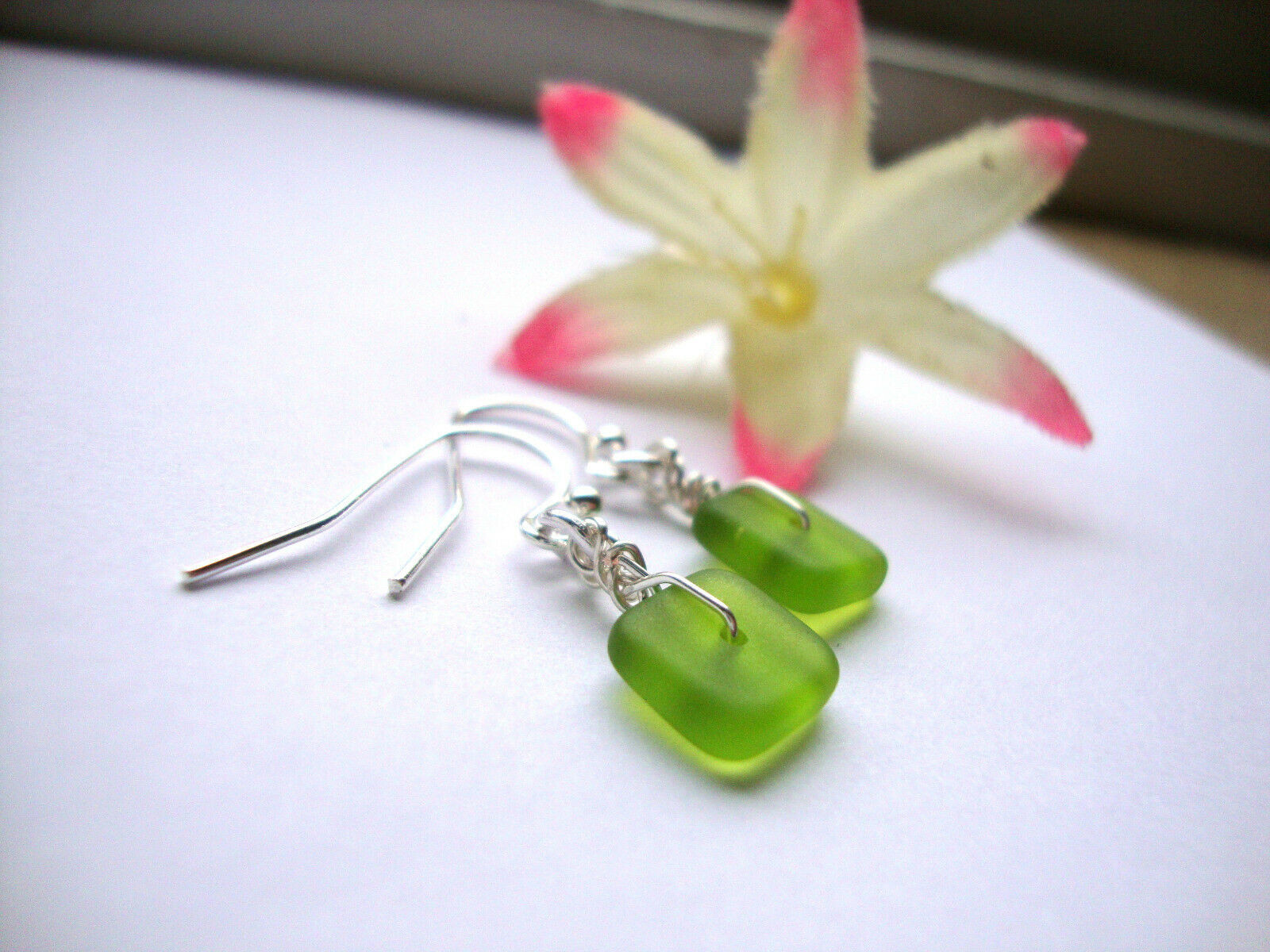 Flat, Forward-Facing, Dainty Frosted Sea GlassSilver Dangle Earrings, Minimalist