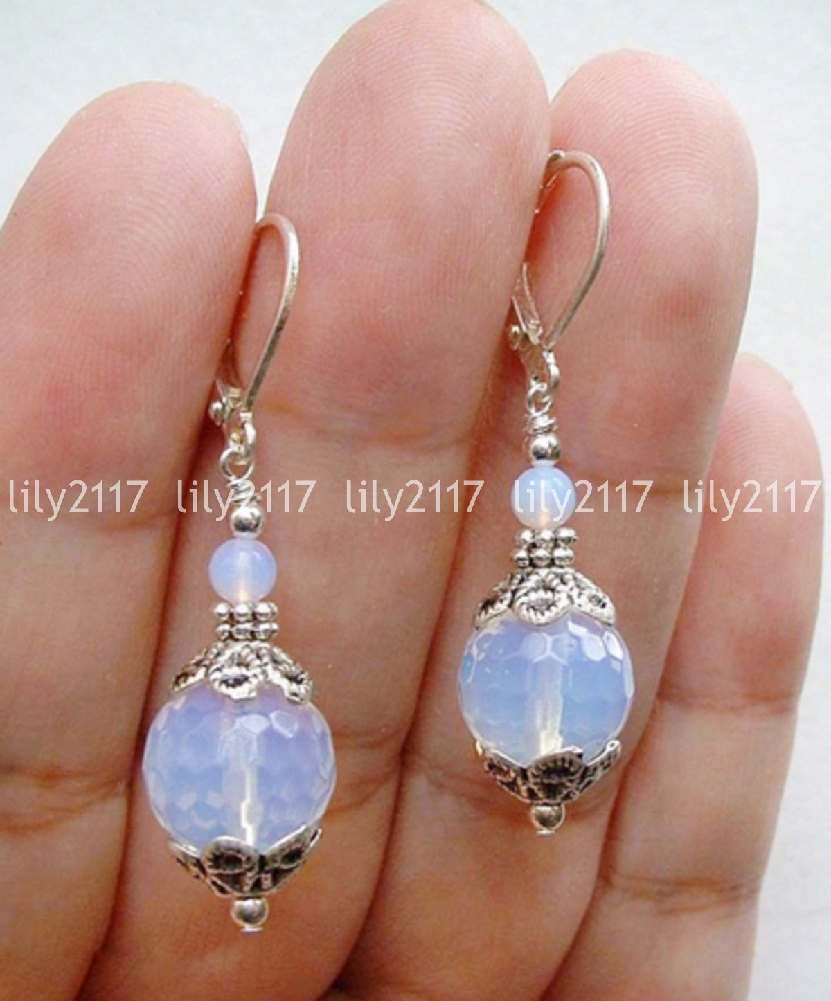 Natural 10mm Sri Lanka White Moonstone Round Gemstone beads Hook Dangle Earrings