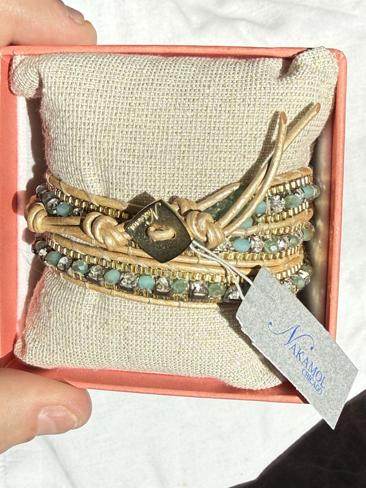 Nakamol Wrap Beaded Bracelet Gold Blue Beige Cord Tie Closure Adjustable