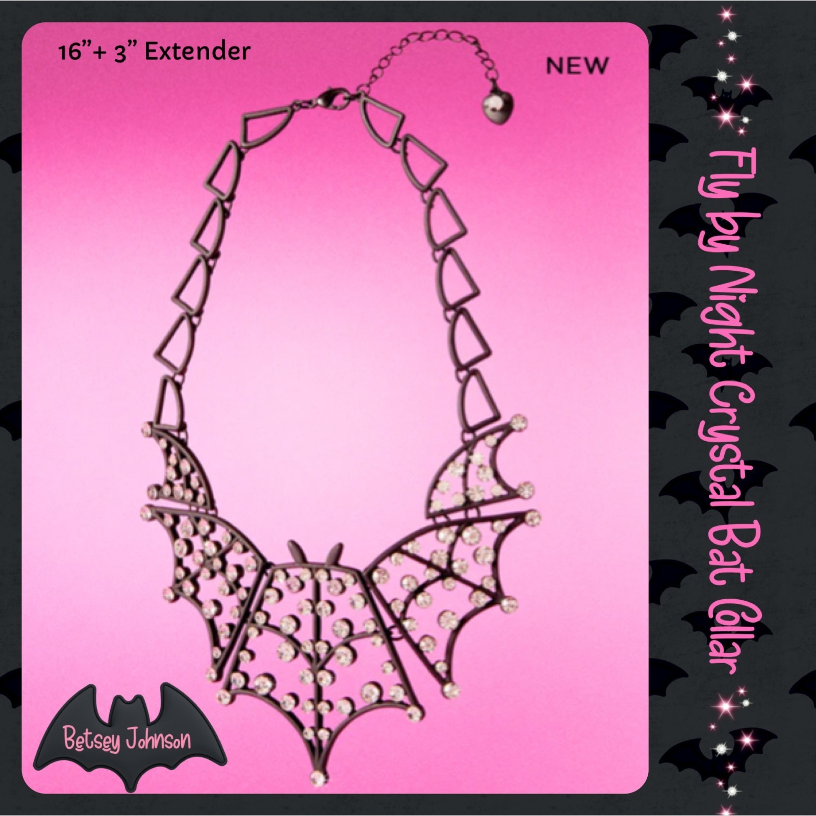 NWT Betsey Johnson Bat Statement Necklace Rhinestone Black Bib Wings Halloween