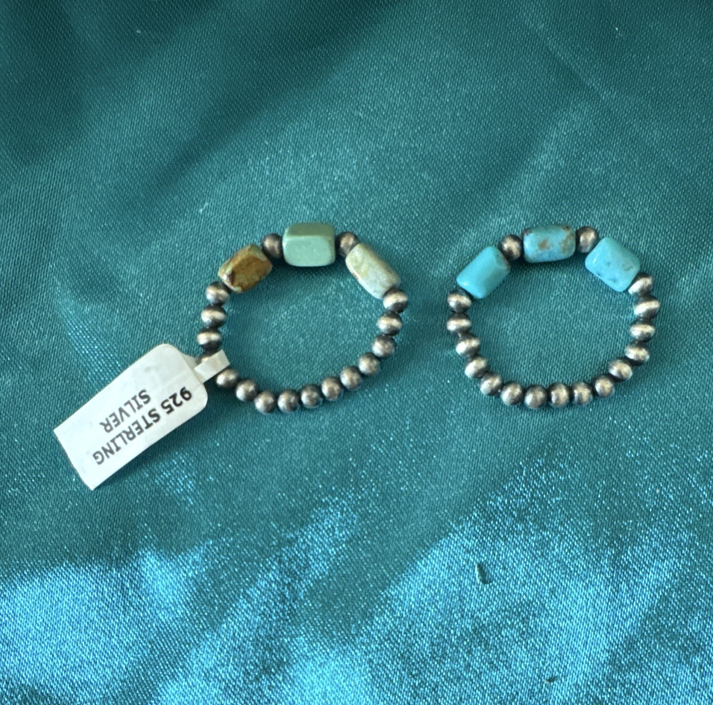 925 Sterling Silver Turquoise Barrel Beaded stretch rings