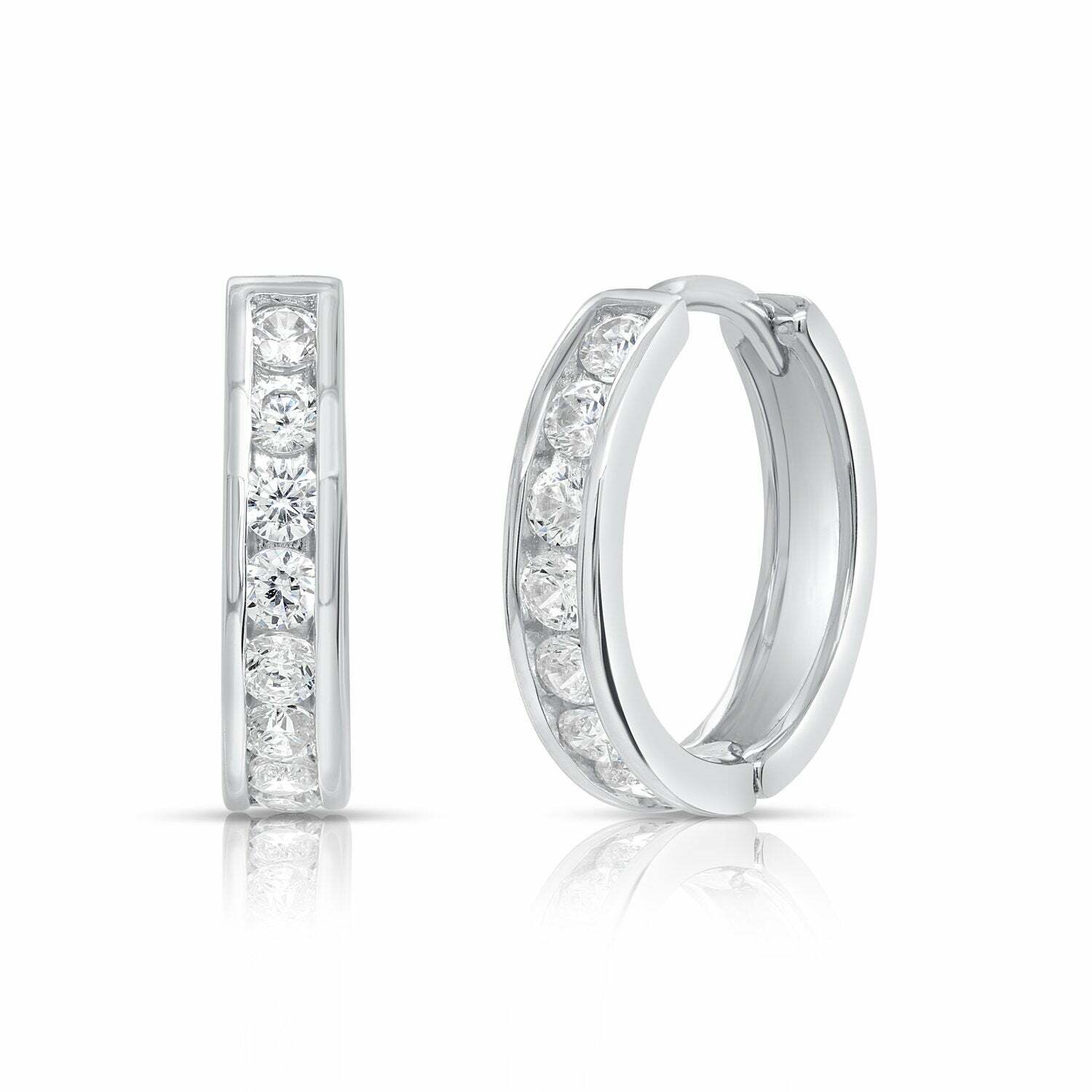 925 Solid Sterling Silver Cubic Zirconia Channel-Set Huggies Hoop Earrings