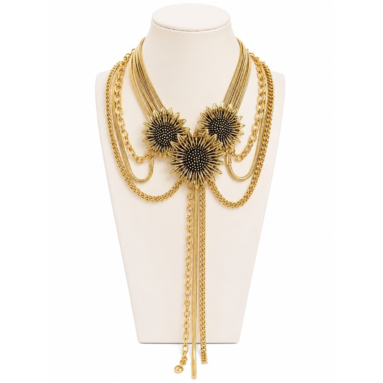 Heavyweight Sunflower Statement Necklace Gold Tone Multi-Strand Tassel Choker