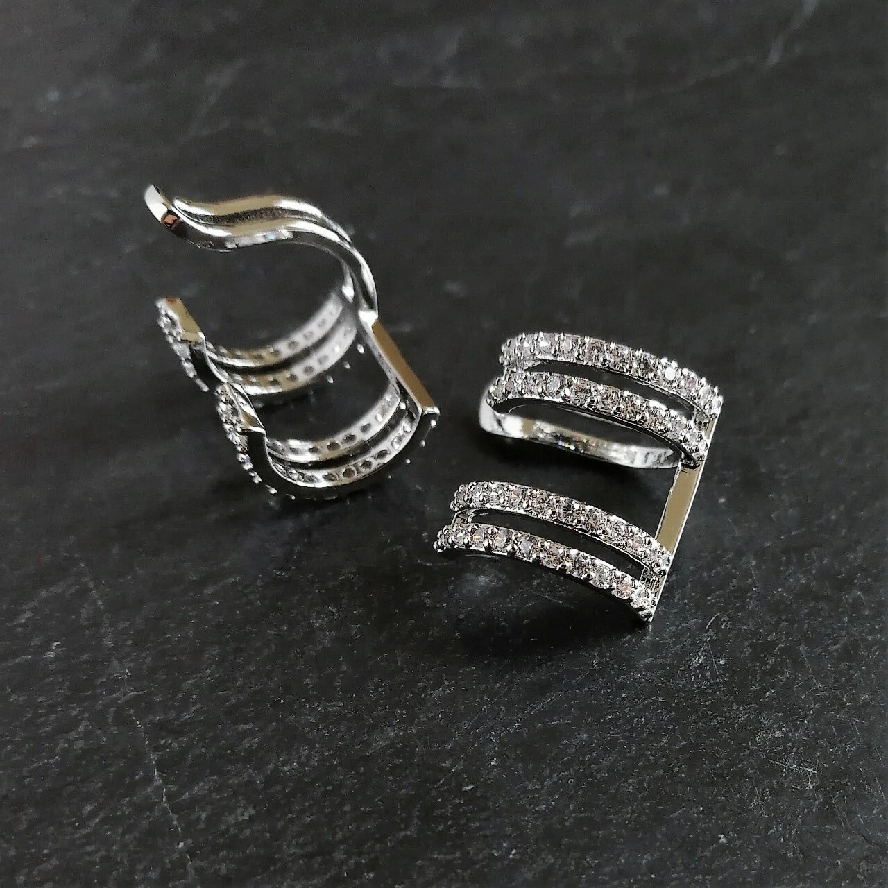 Shiny Silver Tone Tiny CZ Pave U Shape Ear Cuff Non Piercing Earrings PAIR Chic