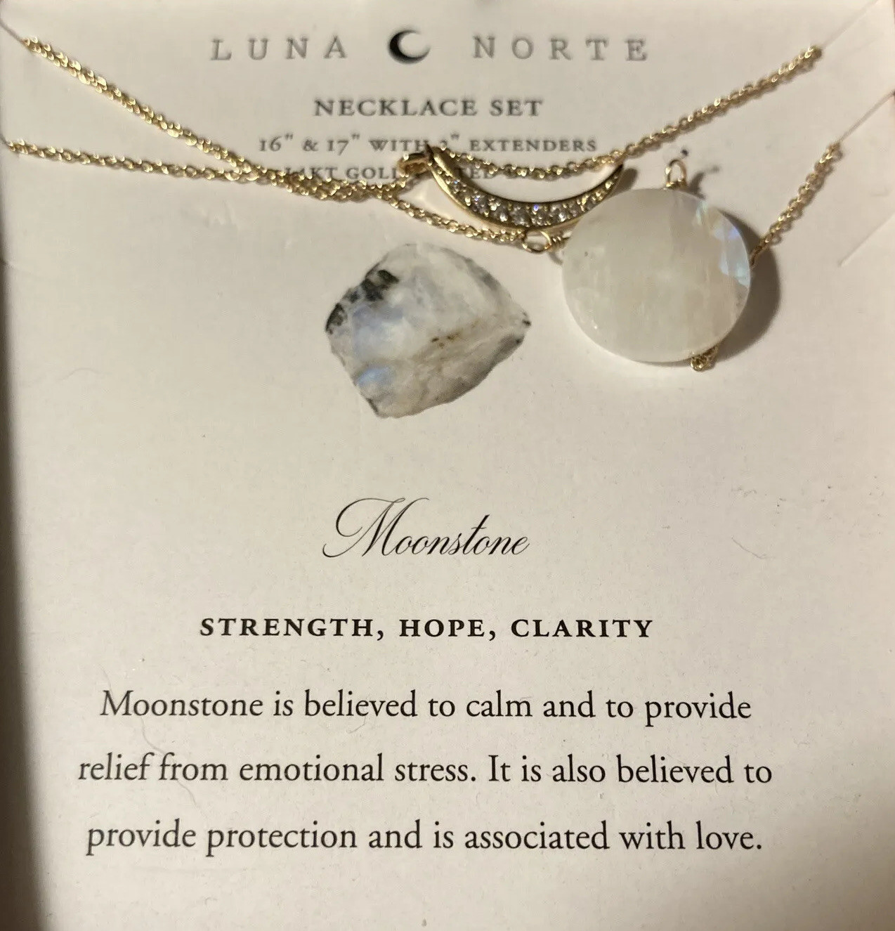 Luna Norte Moonstone 14KT Plated Brass Necklace~Strength~Hope~Clarity~ NIB!
