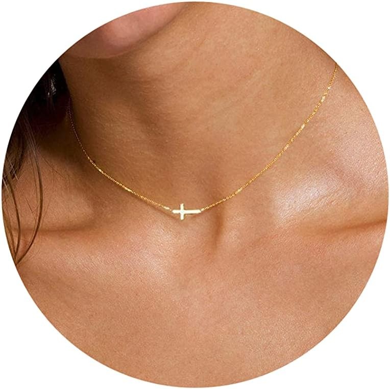 DEARMAY Gold Plated Cross Necklaces for Women, 7-Tiny Sideways Cross-Gold