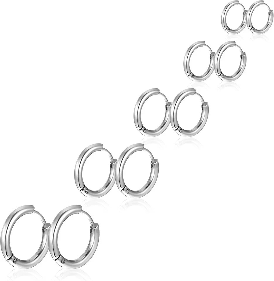 5 Pairs Titanium Hoop Earrings Silver Huggie Hoops 8-16mm Women Men