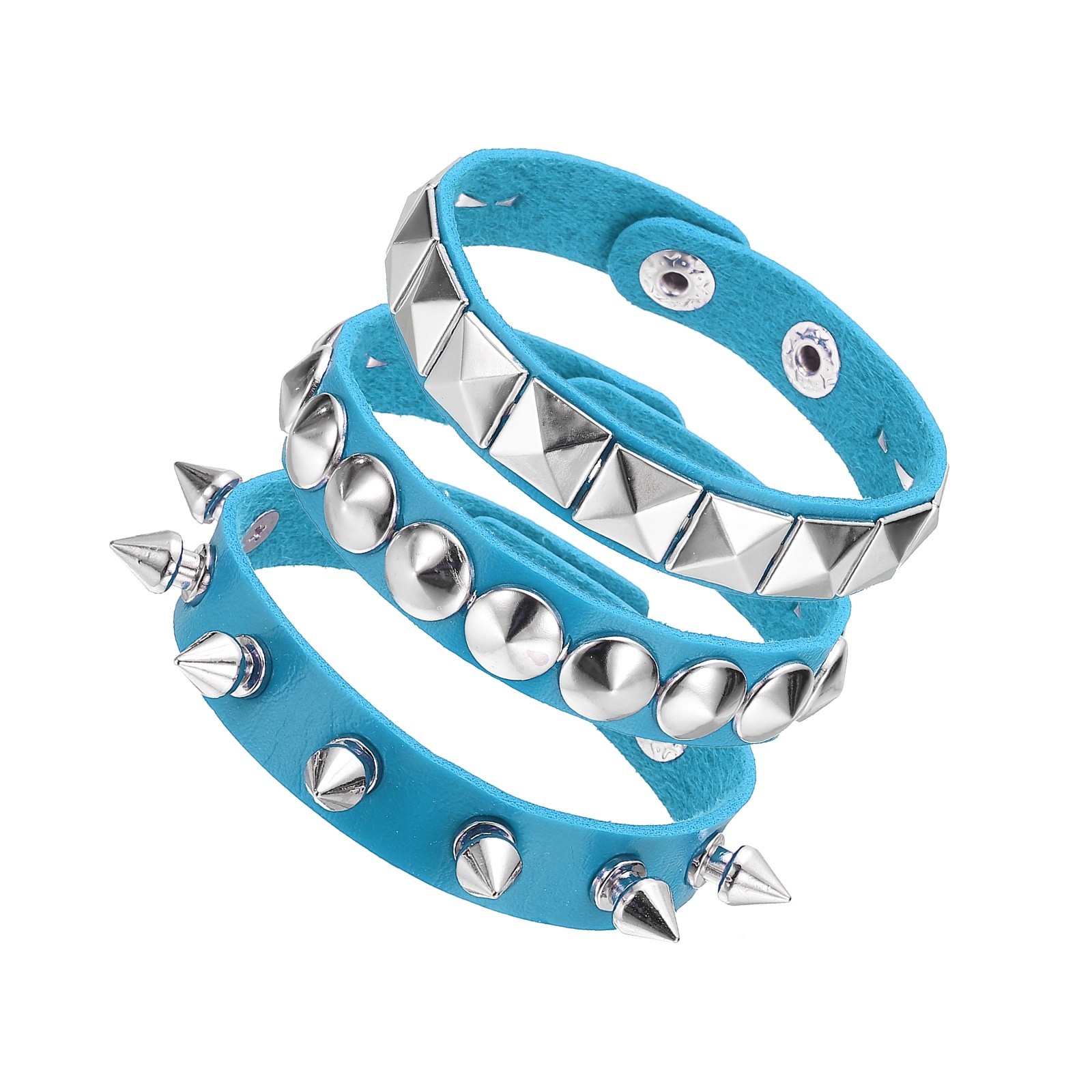 3Pcs Punk Studded Bracelet Set 8.7″/22cm Adjustable Bracelets Light Blue