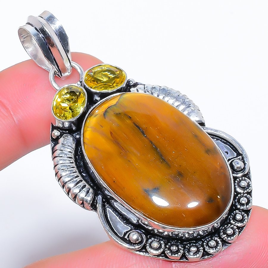 Natural Tiger’S Eye & Citrine 925 Silver Plated Jewelry Pendant 2.4″ M1562