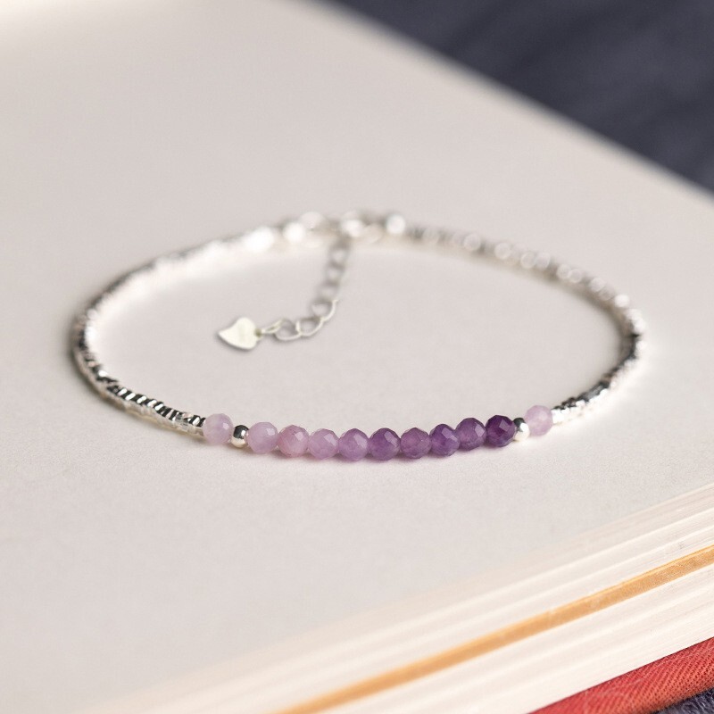 Amethyst Purple Crystal Sterling Silver Beaded Healing Protection Women Bracelet