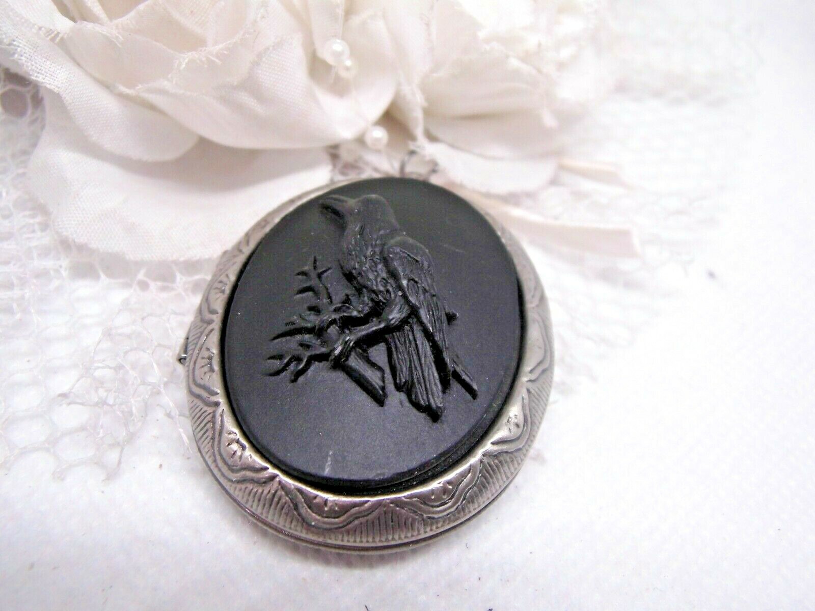 BLACK raven CROW pill box Cameo Steampunk Goth Necklace Locket MEDIEVAL stash