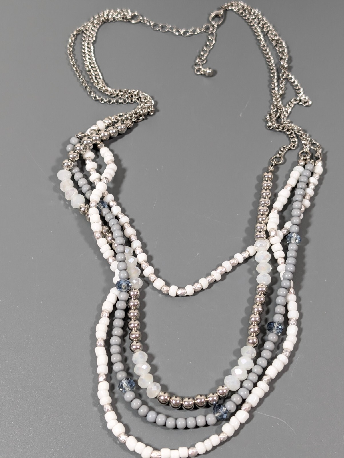 Beachy Coastal White Gray Beaded Silver Tone Layered Necklace 20 inch