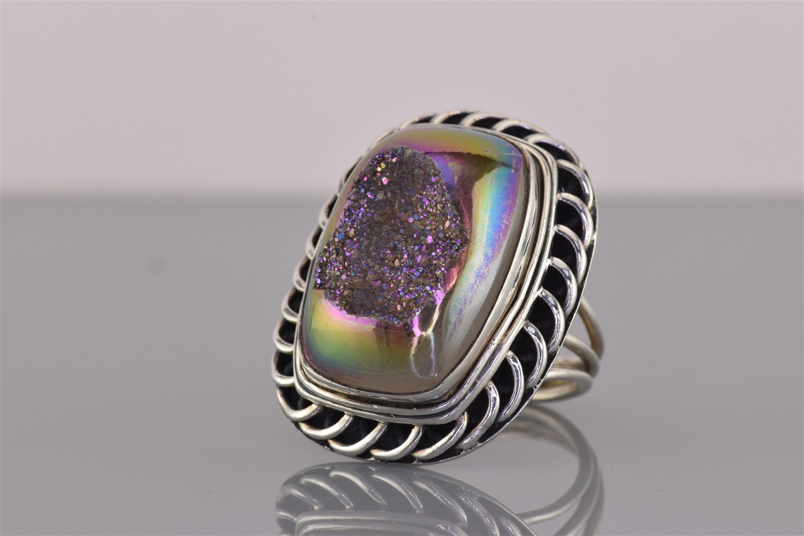 PJC Sterling Silver Purple Drusy Quartz Statement Band Ring 17g India 925 Sz: 9