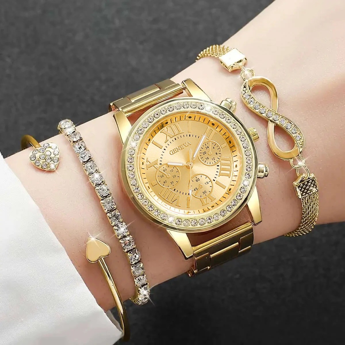 4PCS Women Watch Set Rhinestone Quartz Steel Bracelet Gift Set No Box USA