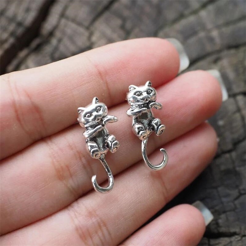 1pair Vintage Cat Paw Stud Earrings Back Hanging Silver Animal Jewelry Gift
