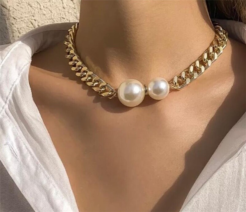 Women’s Fashion Jewelry Gold Pearl Thick Choker Chain Necklace 1-159