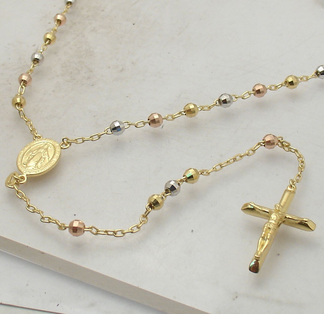 26″ 4mm Diamond Cut Rosary Rosario Chain Necklace TriColor Real Sterling Silver