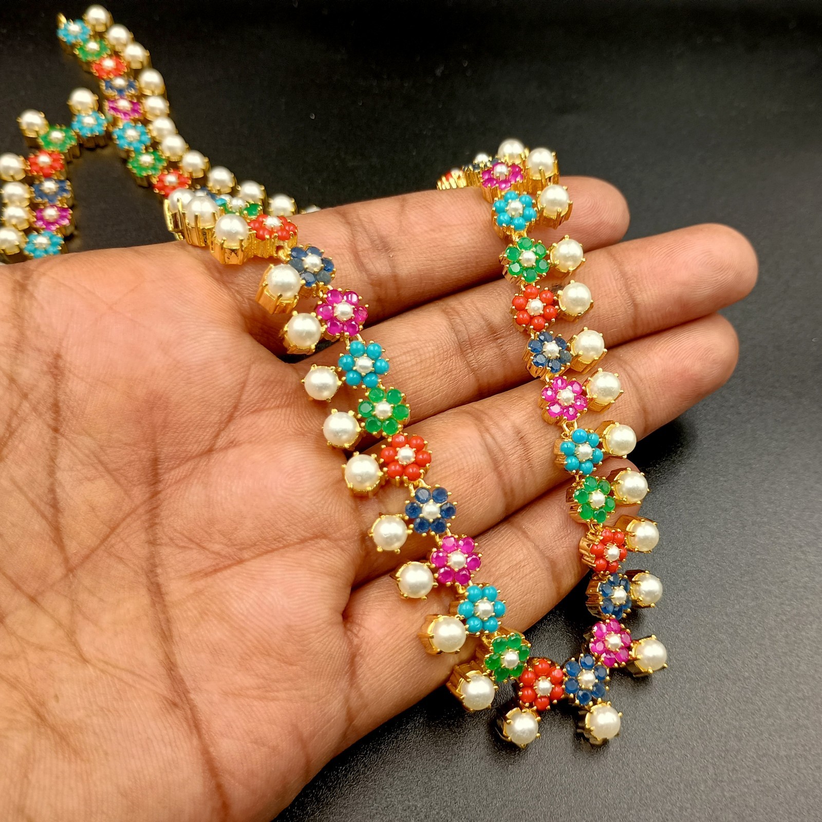 Long Navratan Necklace Set 22K Gold Plated Traditional Multi Gemstone Jewelry